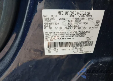 2011 Lincoln Mkx z USA, uszkodzony, nr VIN 2LMDJ8JK3BBJ08420